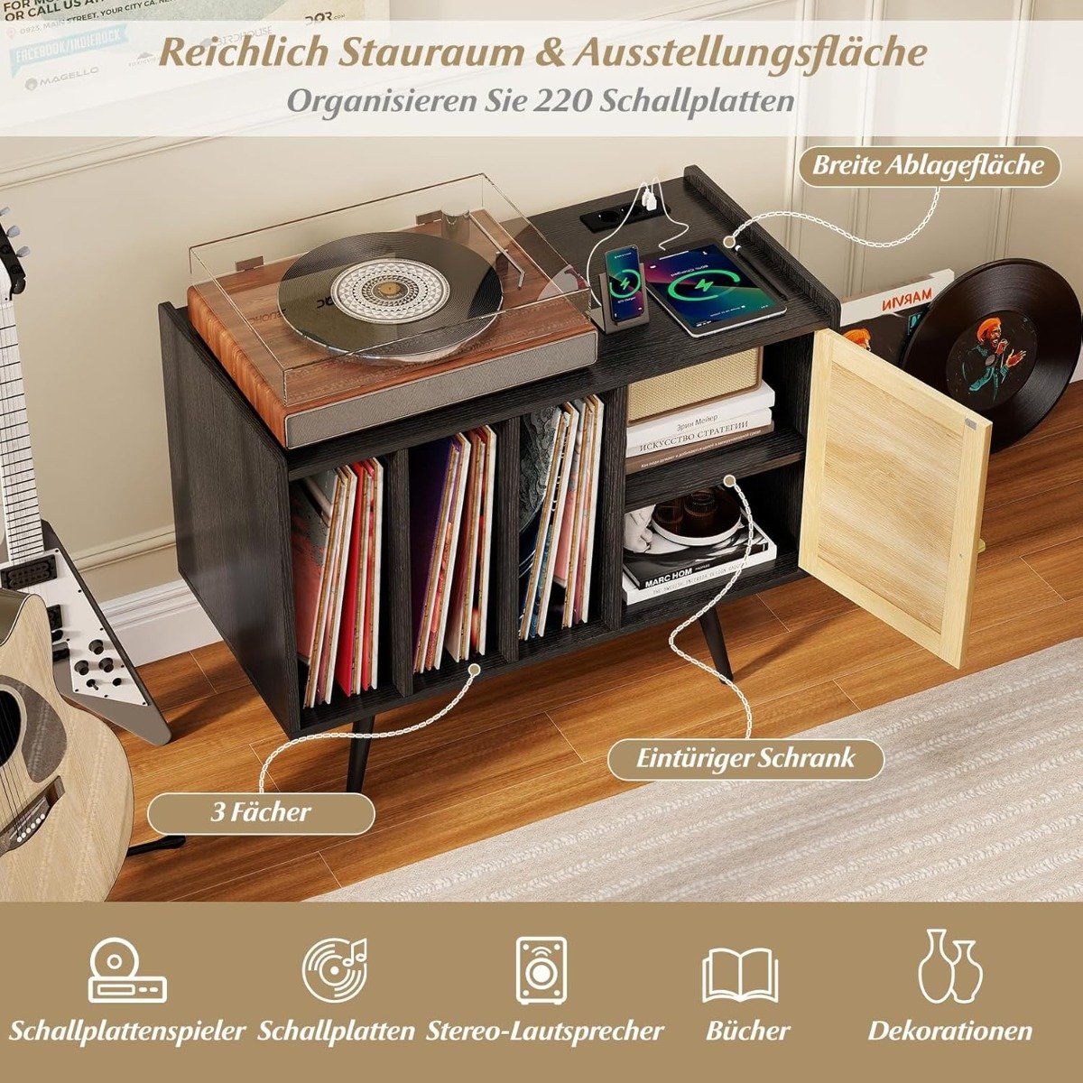 Vinyl Record Player Stand with Charging Station, Black