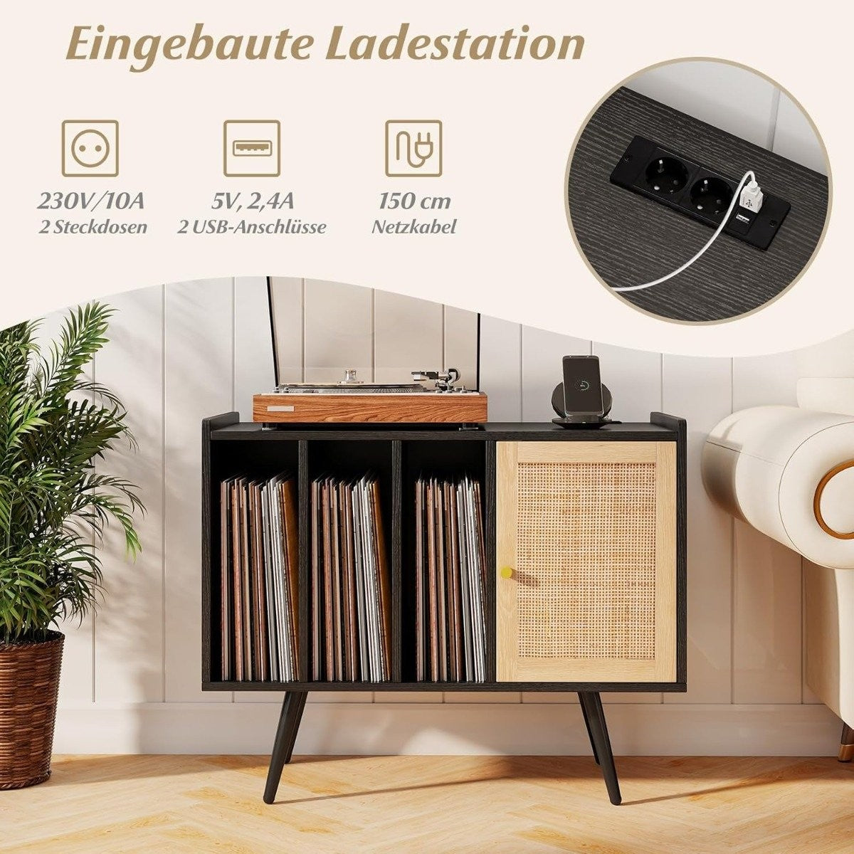 Vinyl Record Player Stand with Charging Station, Black