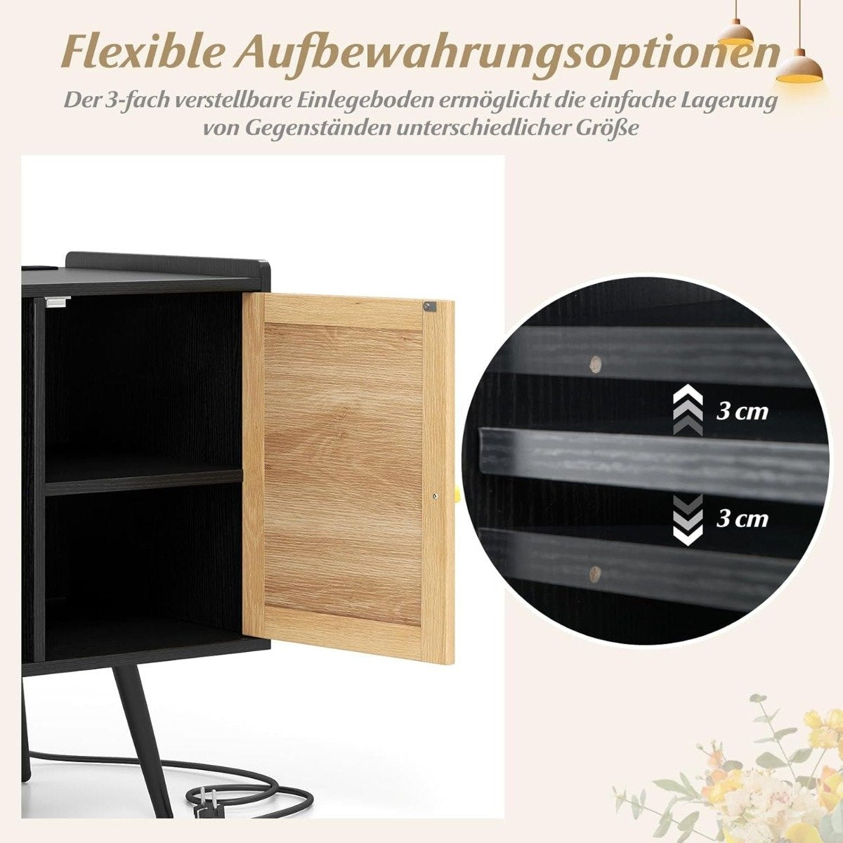 Vinyl Record Player Stand with Charging Station, Black