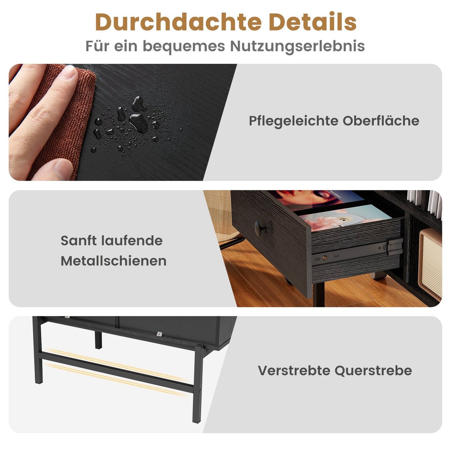 Vinyl Record Player Stand with Storage, Black, 70x36x80 cm