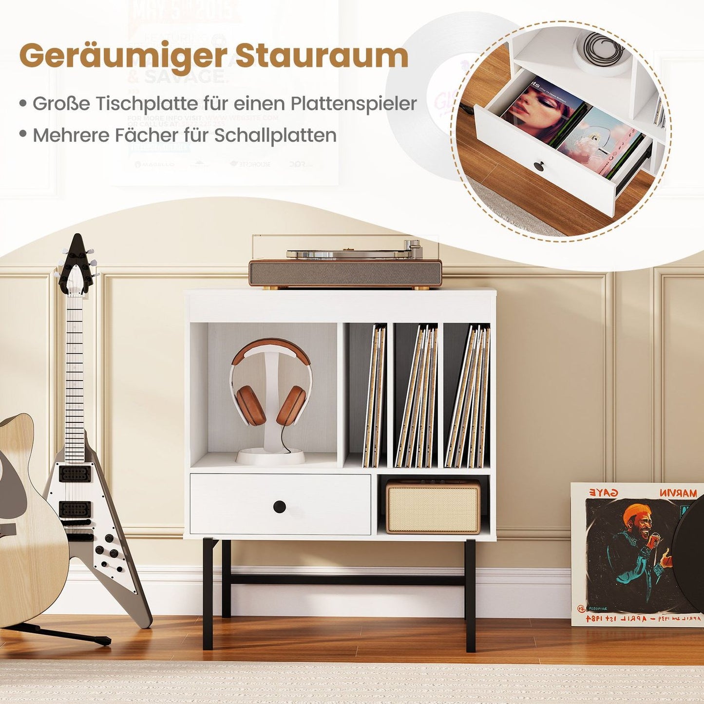 Vinyl Record Player Stand with Storage, White, 70x36x80 cm