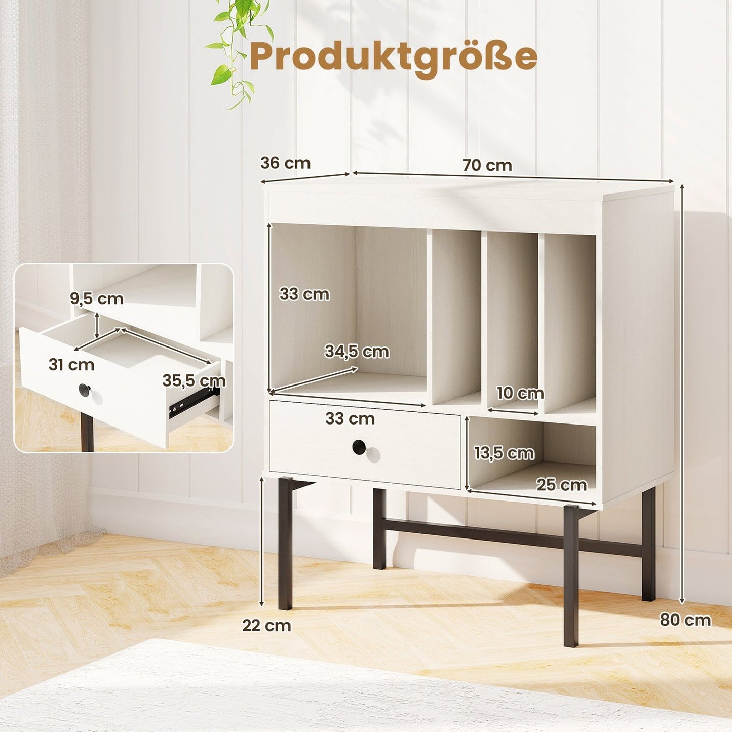 Vinyl Record Player Stand with Storage, White, 70x36x80 cm