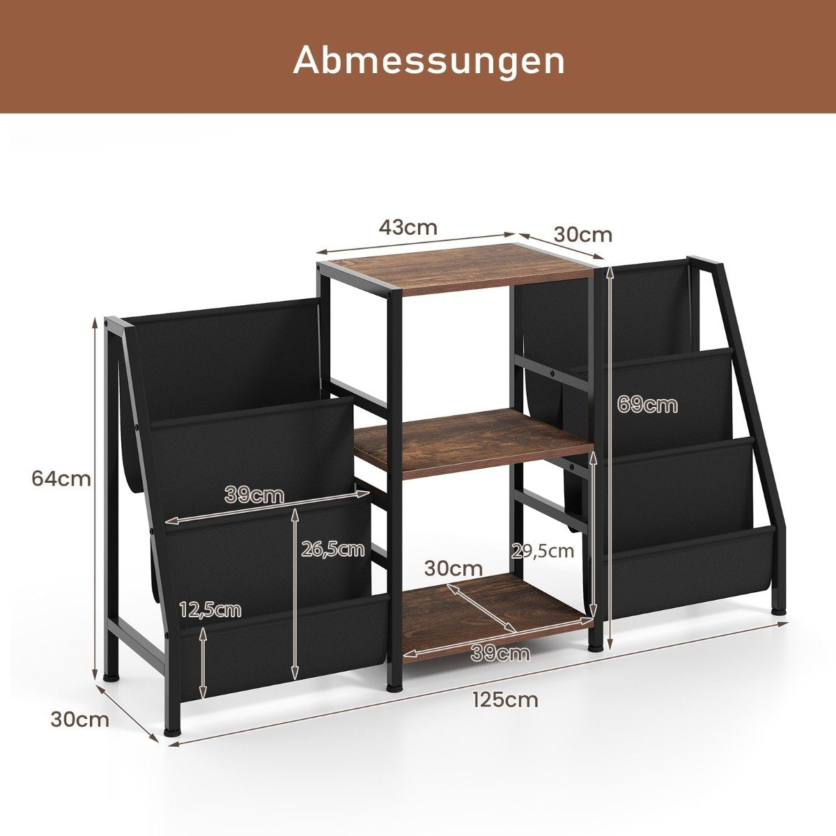 Vinyl Record Stand with 3 Shelves & 6 Storage Pockets