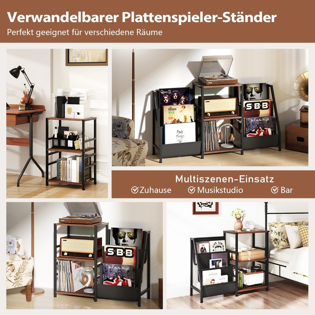 Vinyl Record Stand with 3 Shelves & 6 Storage Pockets