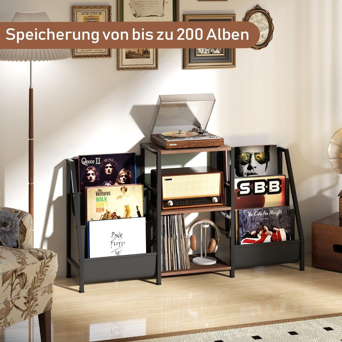 Vinyl Record Stand with 3 Shelves & 6 Storage Pockets