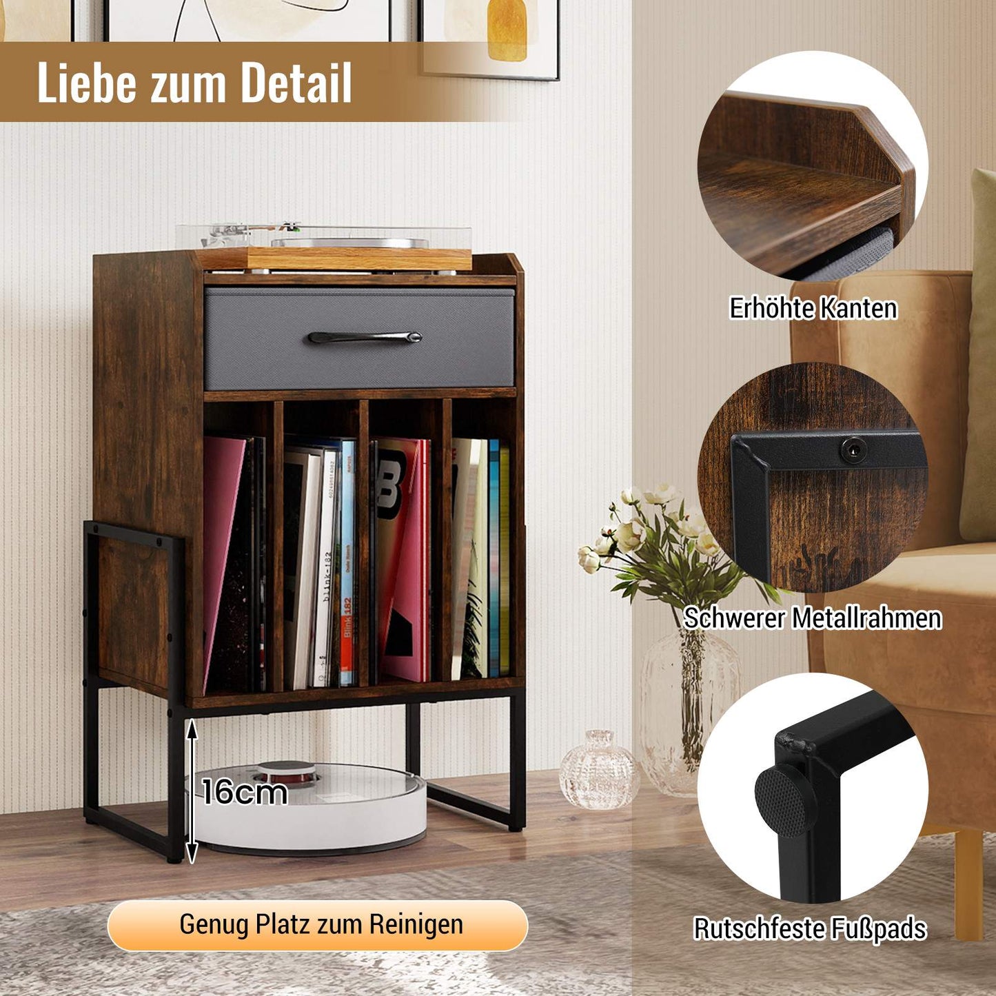 Vinyl Record Stand with 4 Shelves, Brown Retro Design