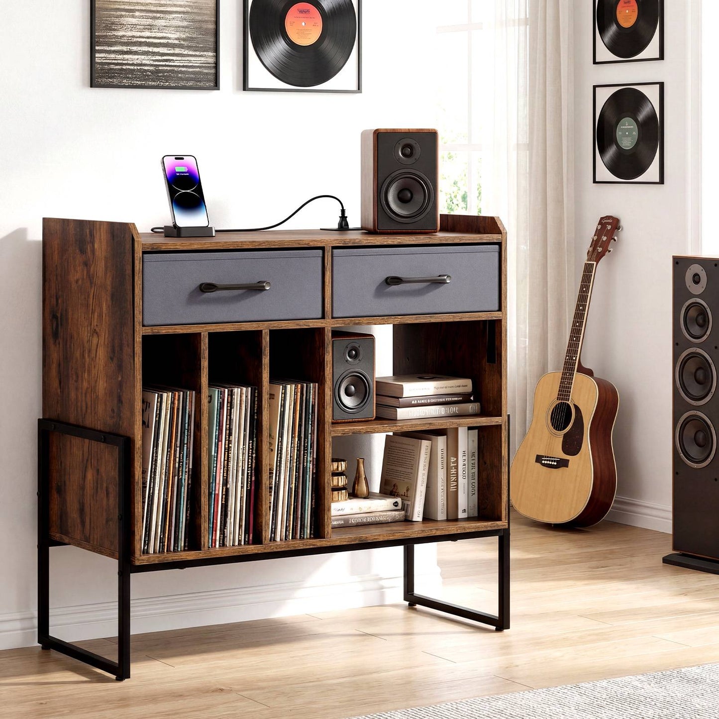Vinyl Record Stand with Outlets & USB, Brown, Retro Charm