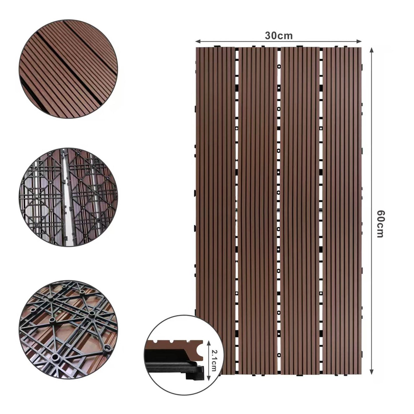 WPC Interlocking Floor Tiles, 60x30 cm, Wood Finish