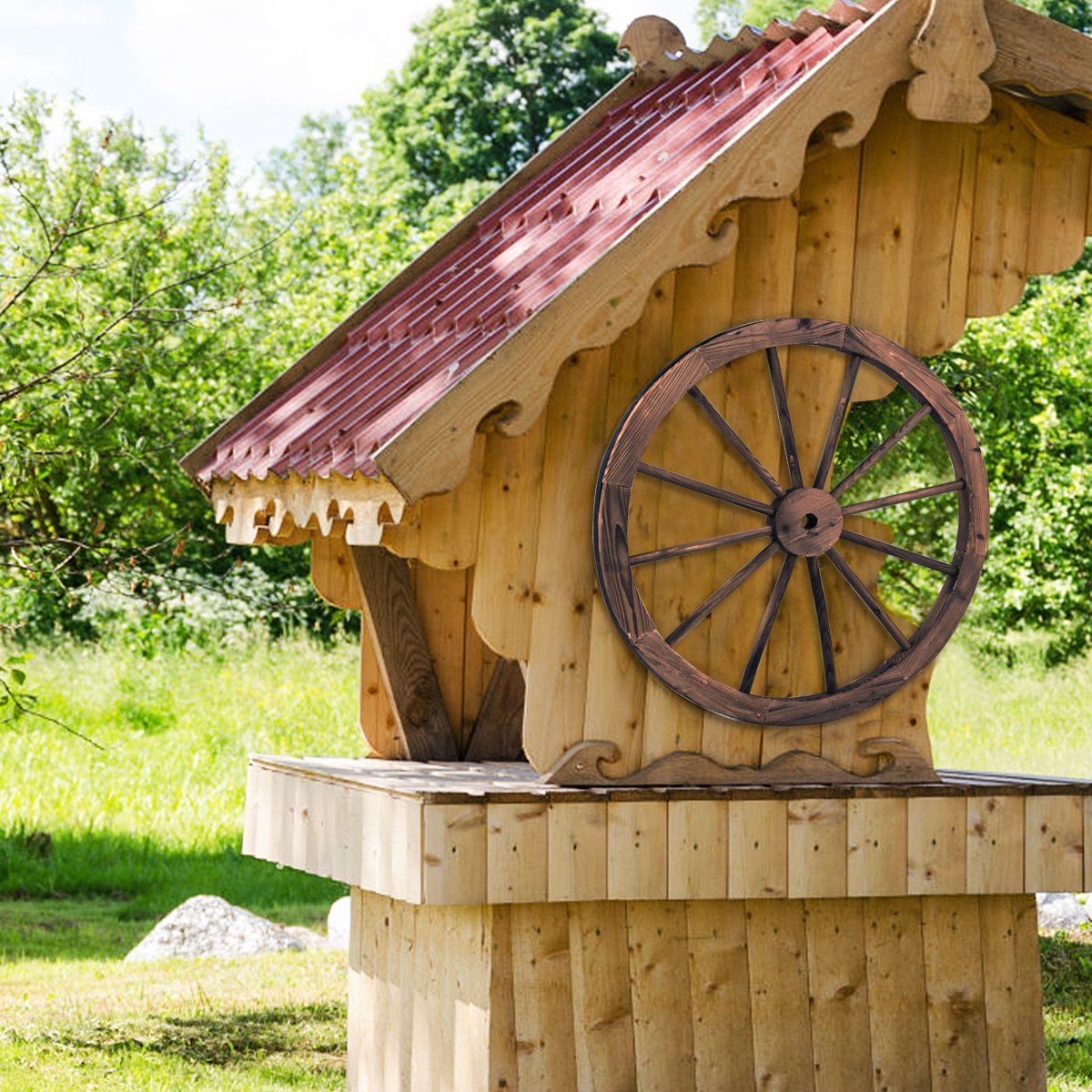 Wagon wheel wooden wheel decorative wagon with sheet iron brown 76x76x3.5 cm