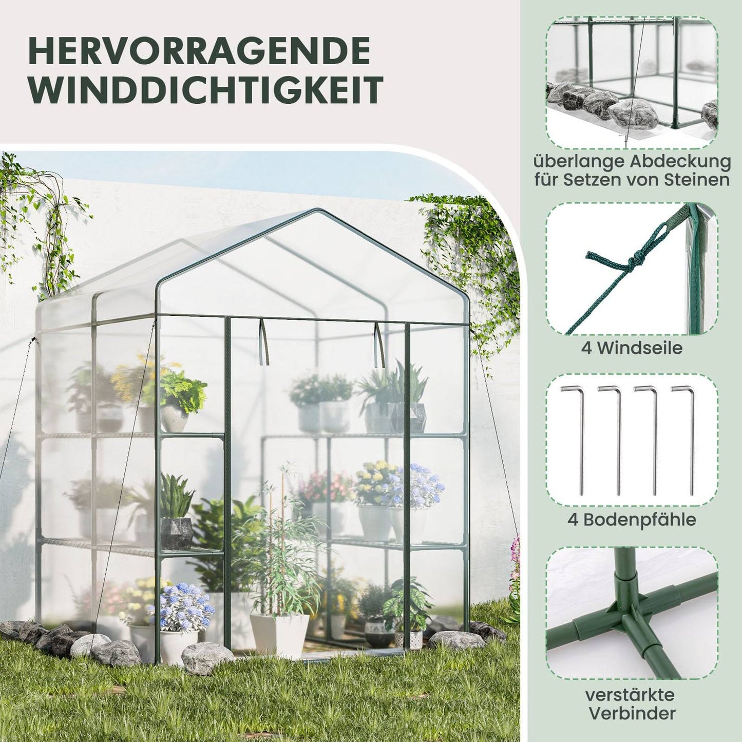 Walk-In Greenhouse with 8 Shelves, PVC Cover, 139x144x195 cm