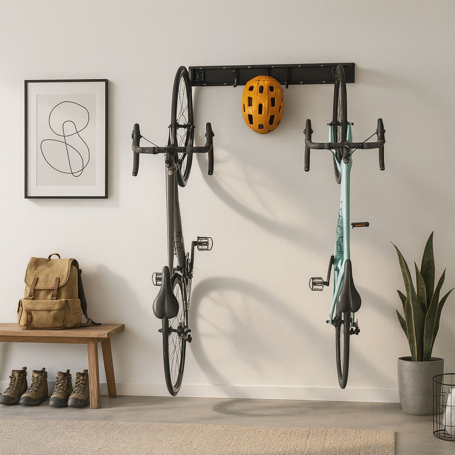 Wall Bike Rack with Rail – Black, Holds Multiple Bikes