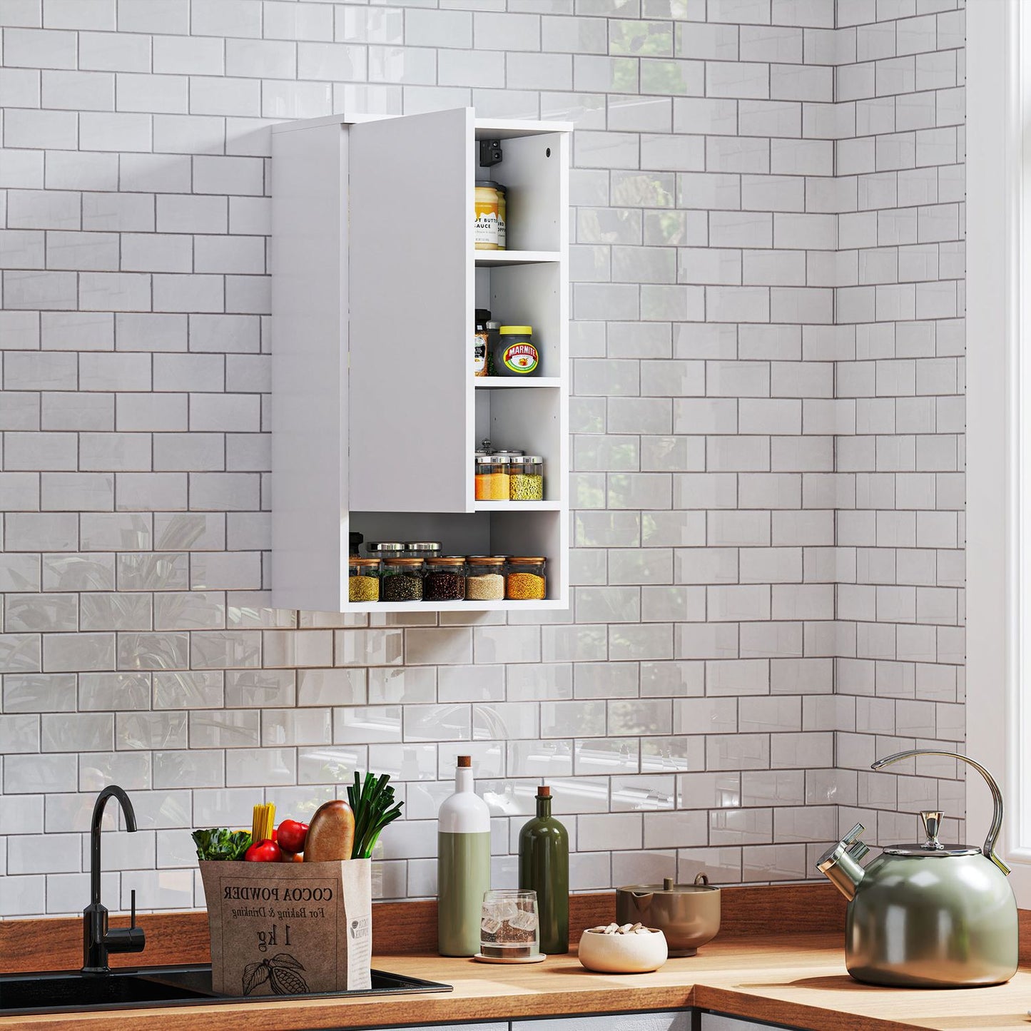 White wall cabinet with adjustable shelves and doors
