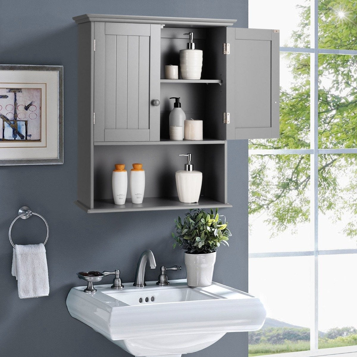 Wall Cabinet with Double Door & Adjustable Shelf Height Medicine Cabinet Wall Cabinet Gray