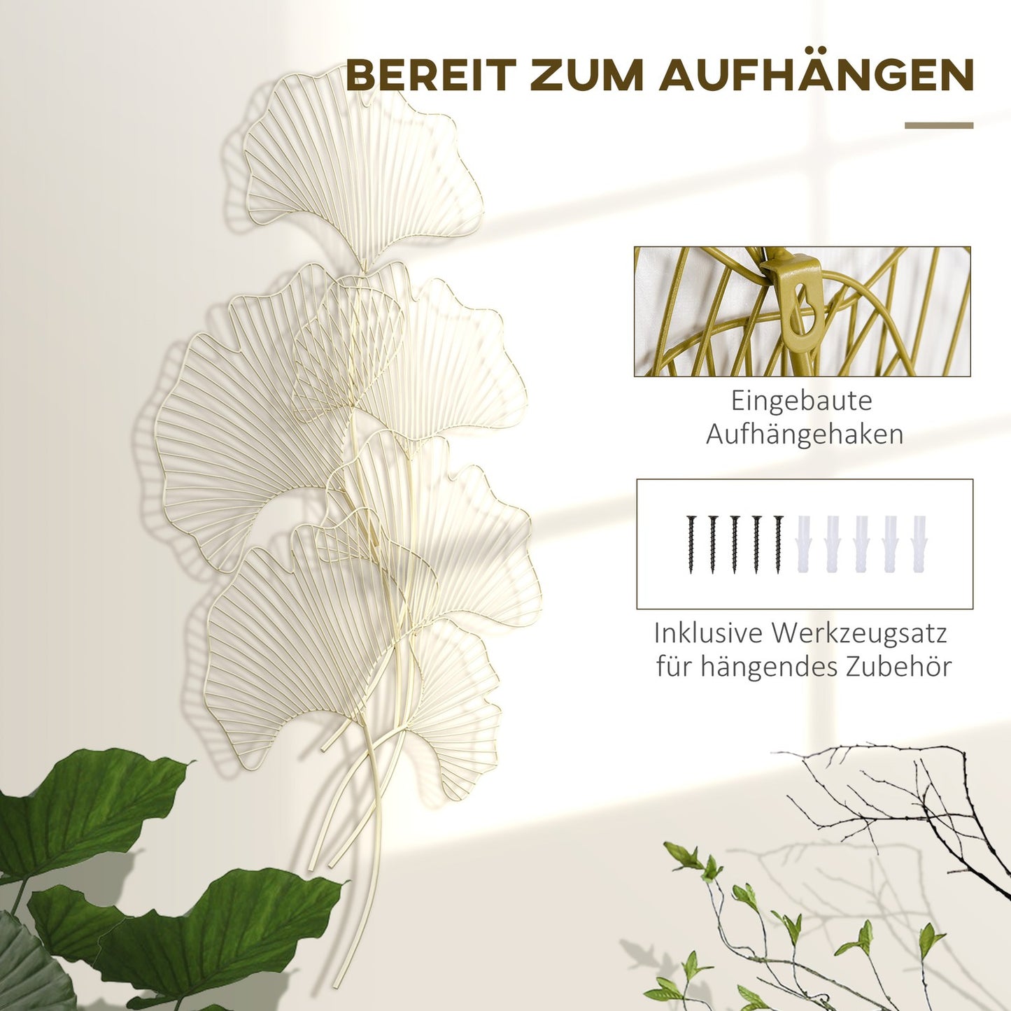 Gold 3D metal wall art with ginkgo leaves, 51x94.5 cm
