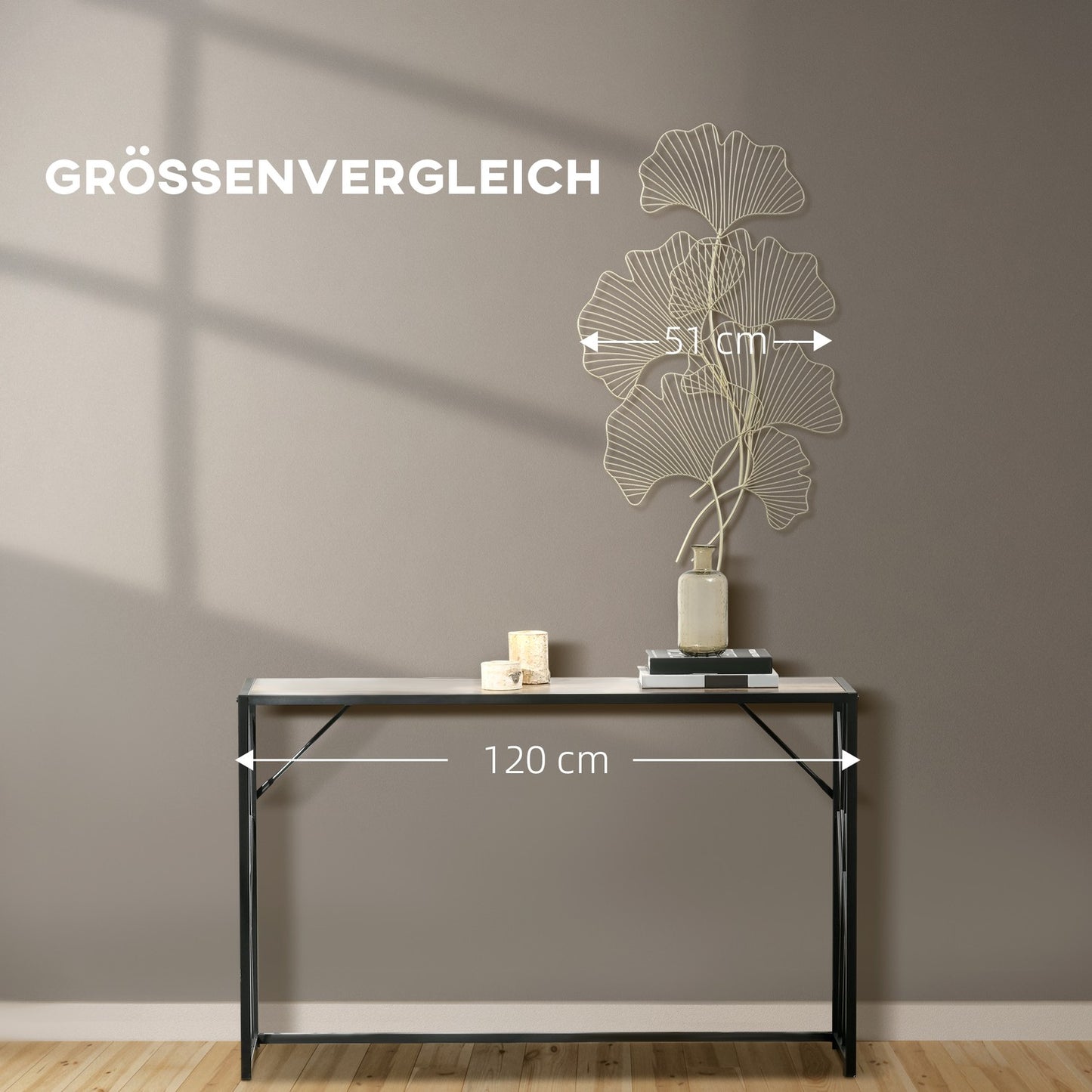 Gold 3D metal wall art with ginkgo leaves, 51x94.5 cm