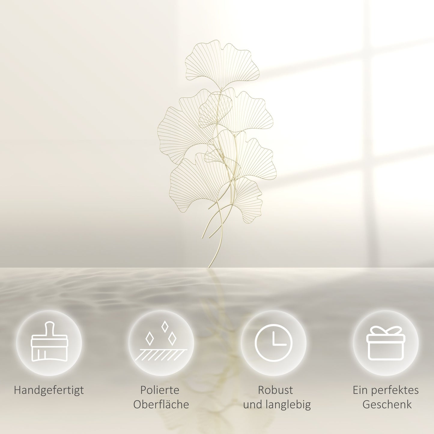 Gold 3D metal wall art with ginkgo leaves, 51x94.5 cm