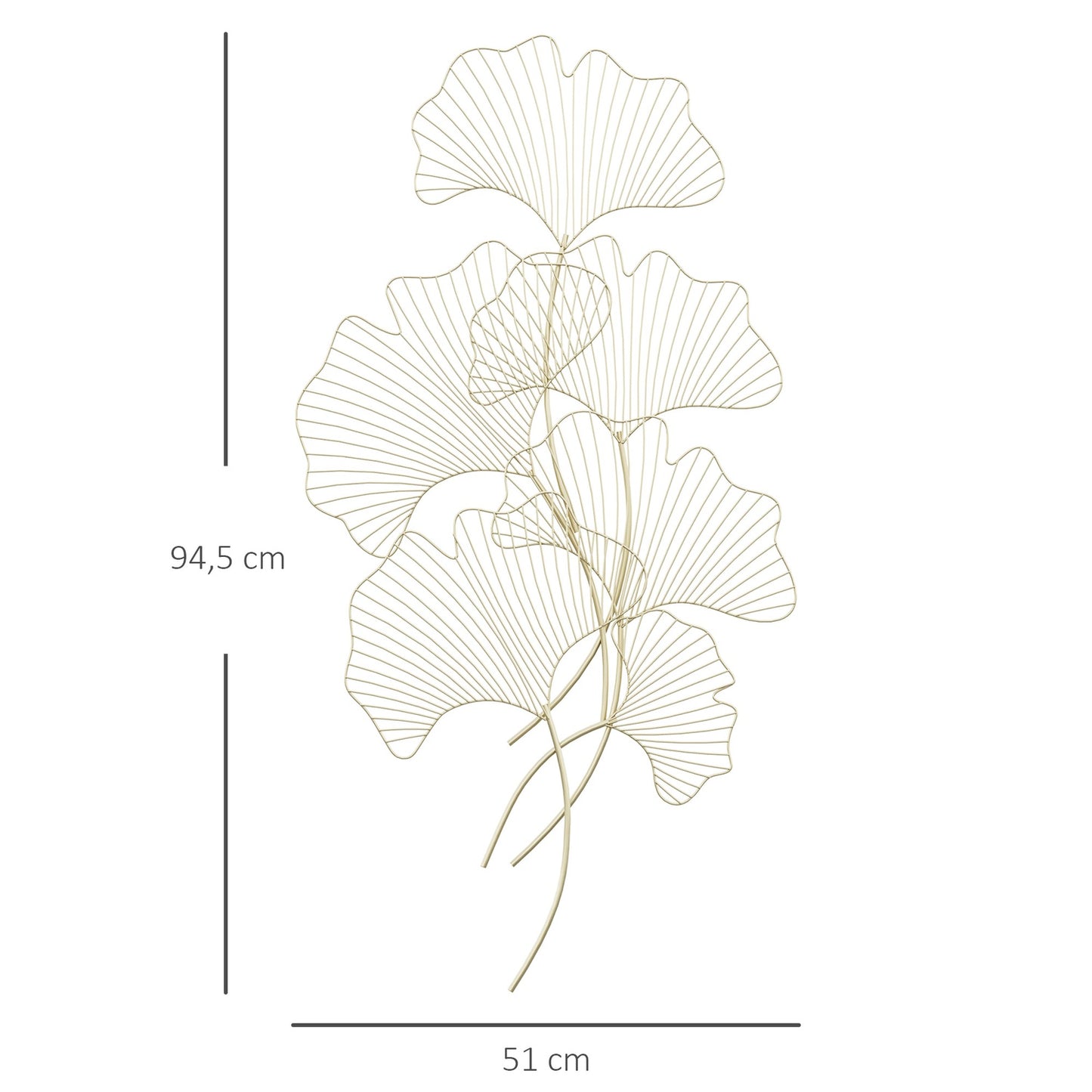 Gold 3D metal wall art with ginkgo leaves, 51x94.5 cm