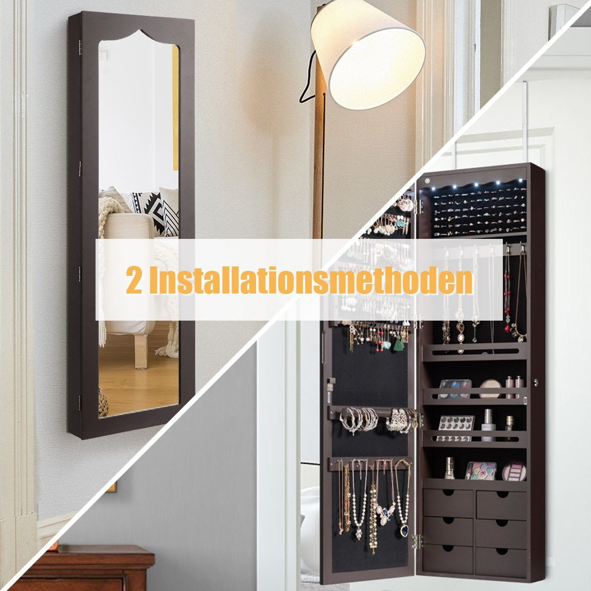 Wall/Door Jewelry Cabinet with Mirror, LED Lights, Lock