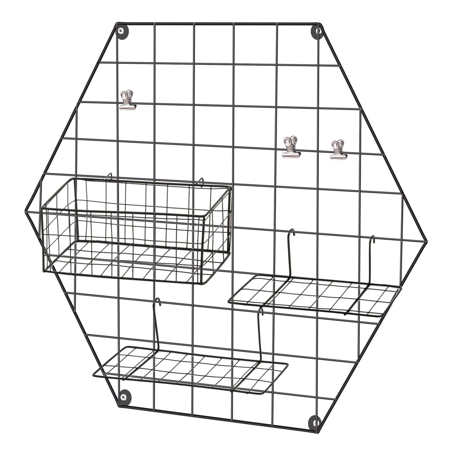 Black metal wall grid for photos and notes, 50x44x8 cm
