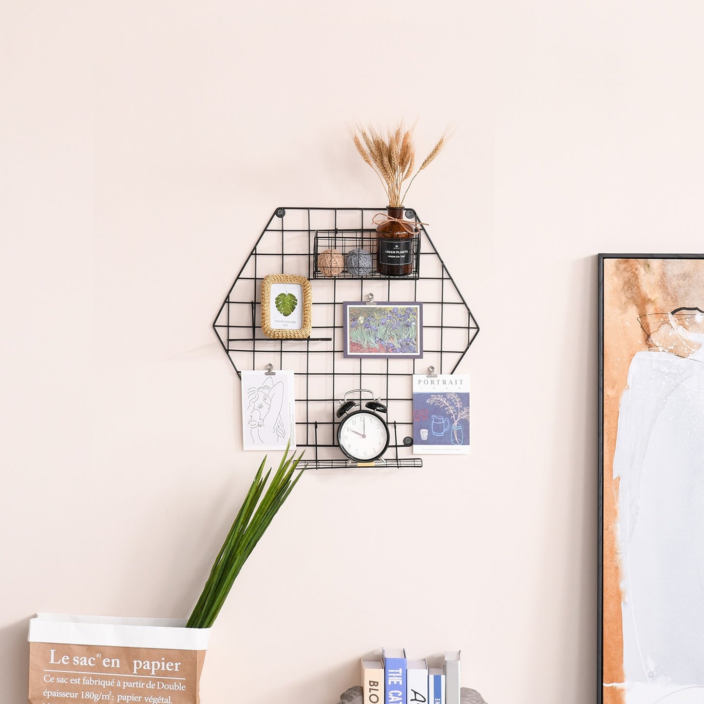 Black metal wall grid for photos and notes, 50x44x8 cm
