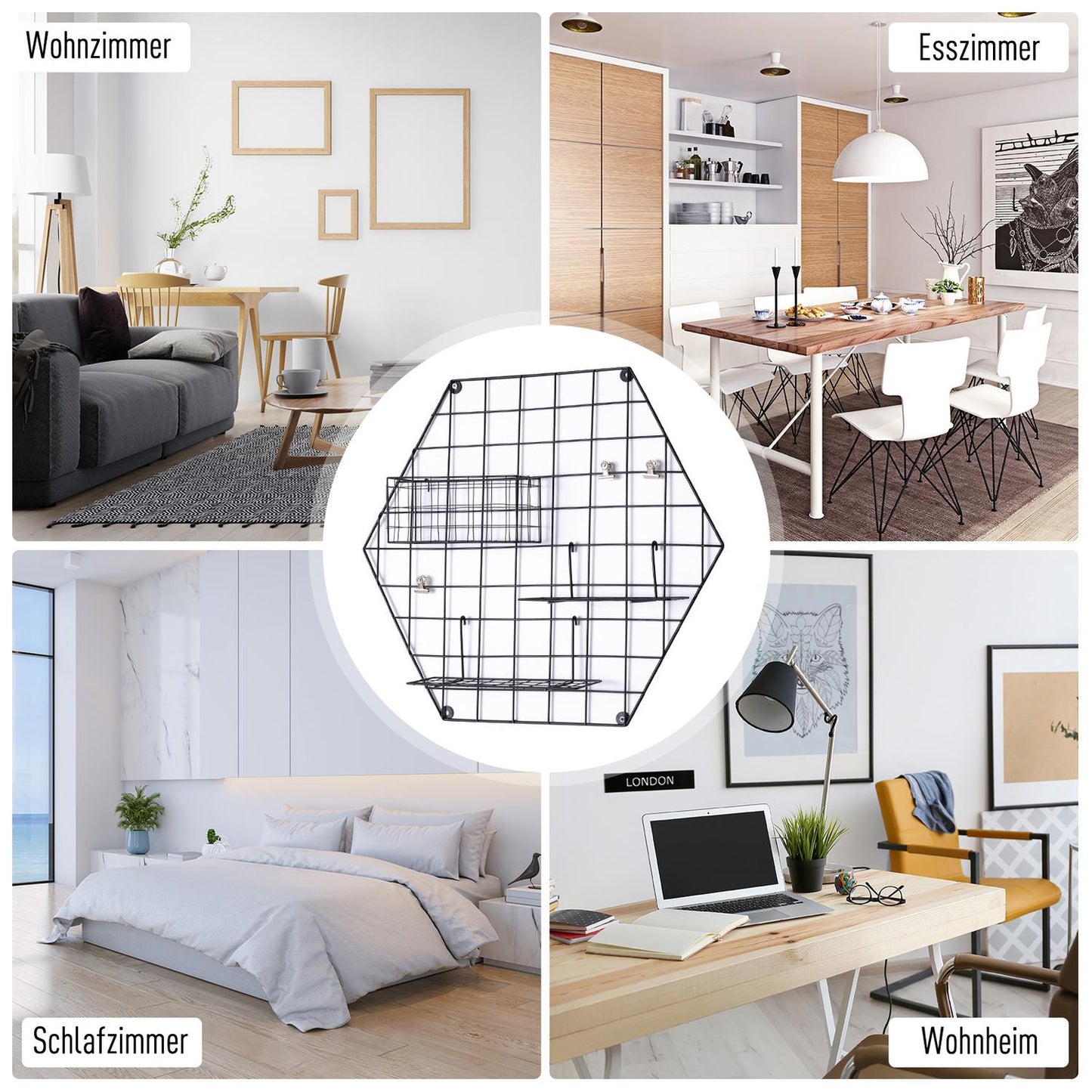 Black metal wall grid for photos and notes, 50x44x8 cm