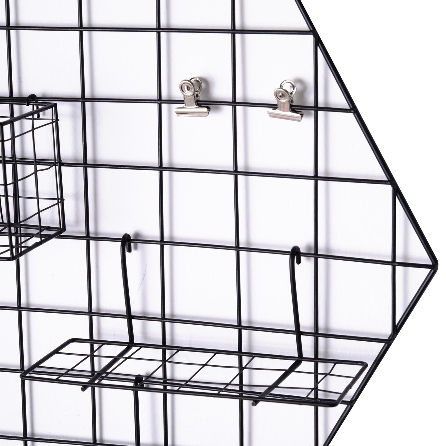 Black metal wall grid for photos and notes, 50x44x8 cm