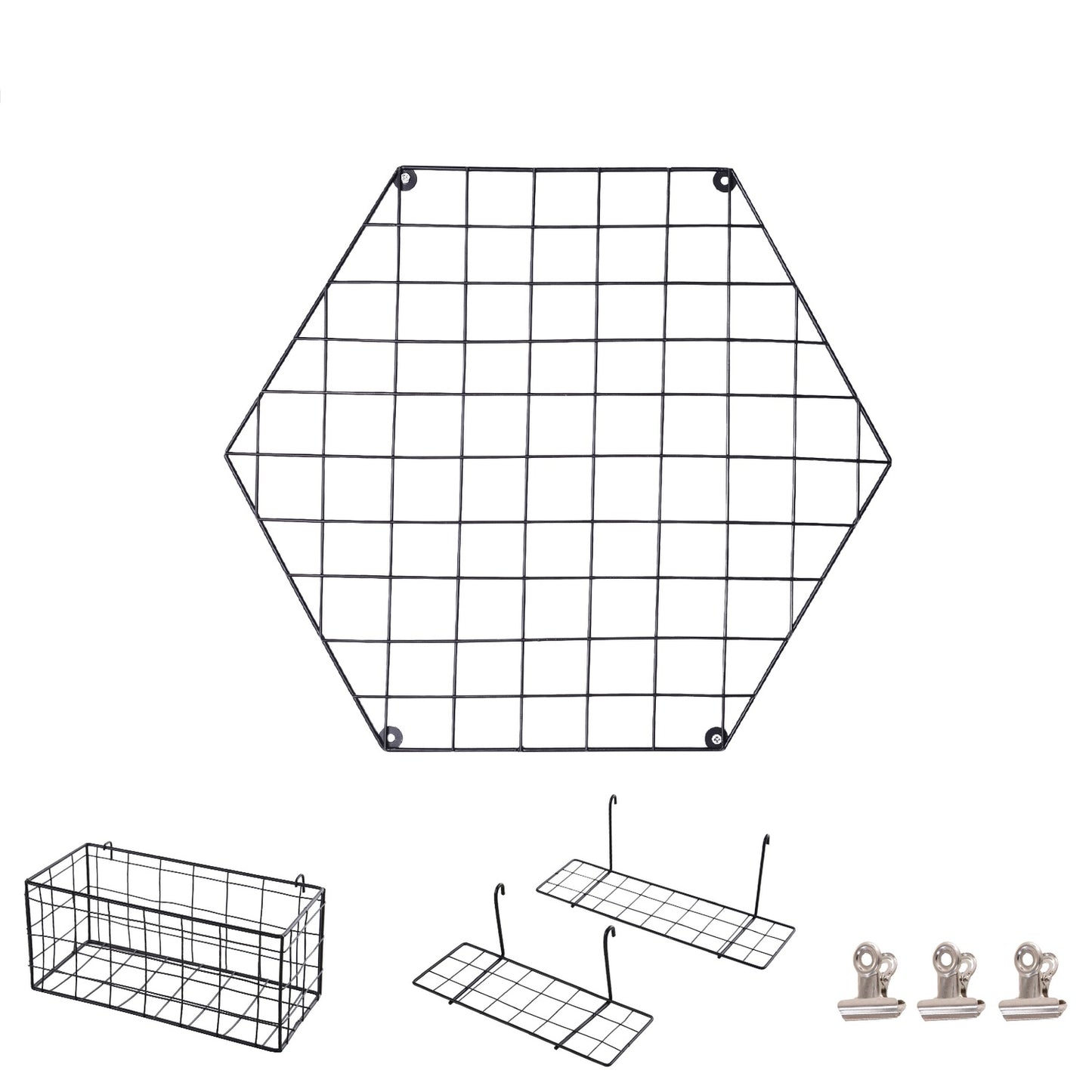 Black metal wall grid for photos and notes, 50x44x8 cm