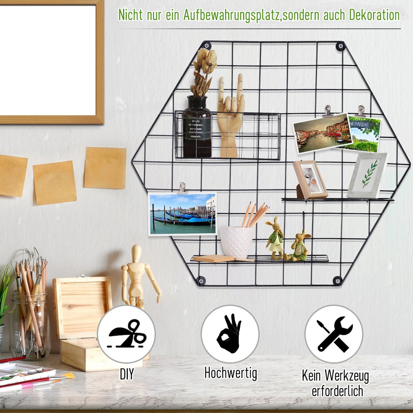 Black metal wall grid for photos and notes, 50x44x8 cm