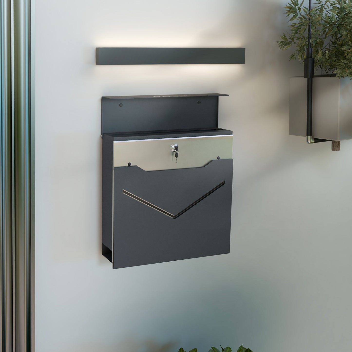 Anthracite wall letterbox, display window, magazine slot