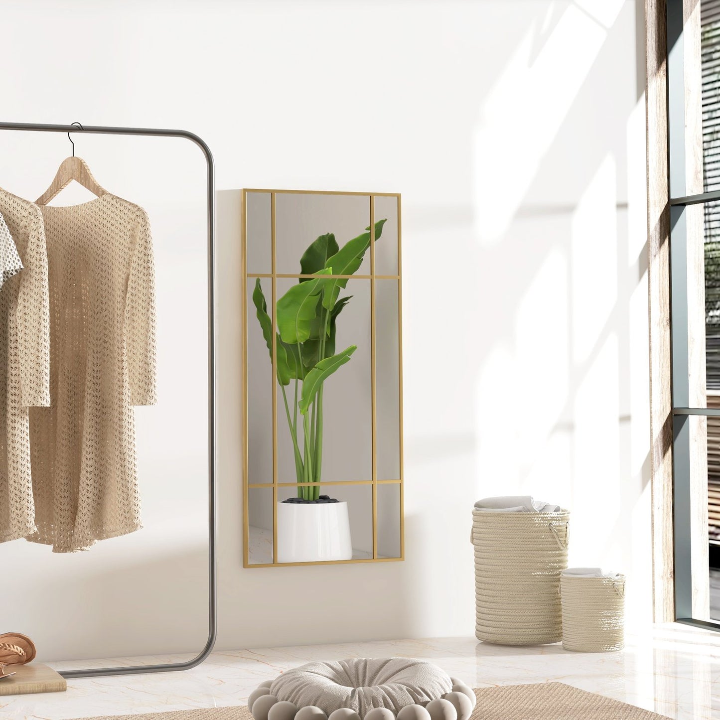 Gold rectangular wall mirror, 110 x 50 cm metal frame