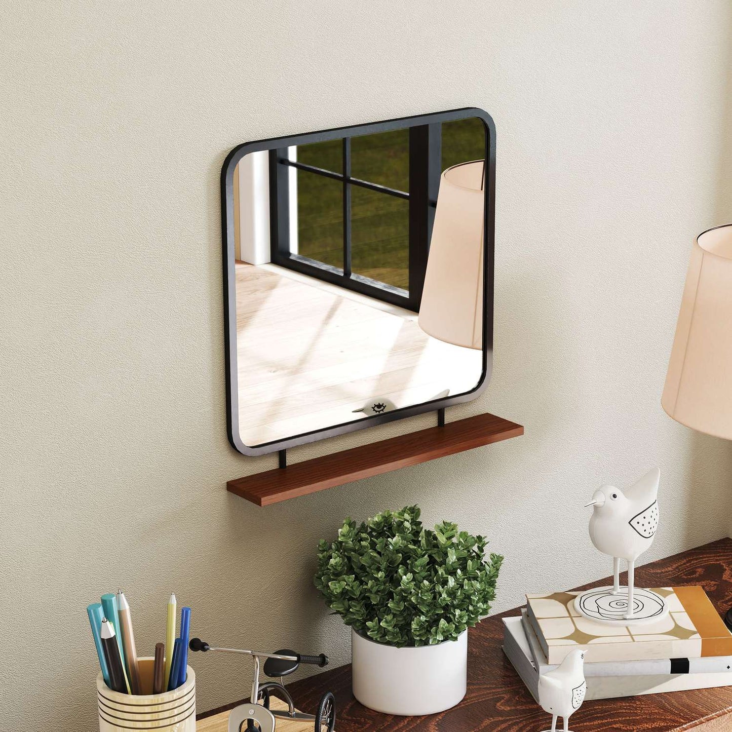 Black rectangular wall mirror with shelf - 55 x 55.5 cm