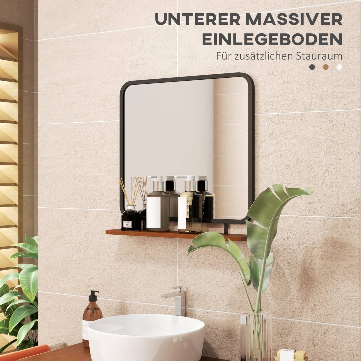 Black rectangular wall mirror with shelf - 55 x 55.5 cm