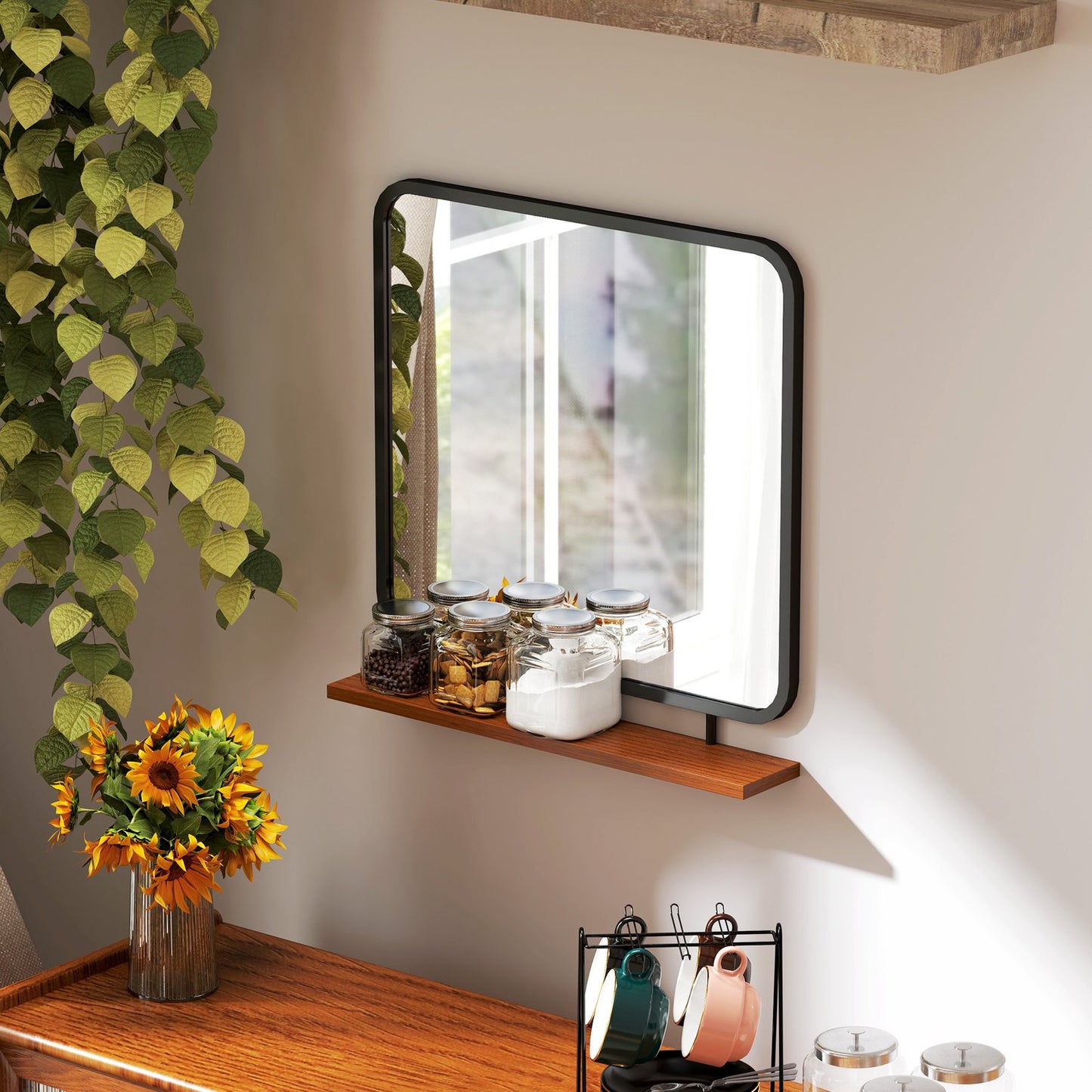 Black rectangular wall mirror with shelf - 55 x 55.5 cm