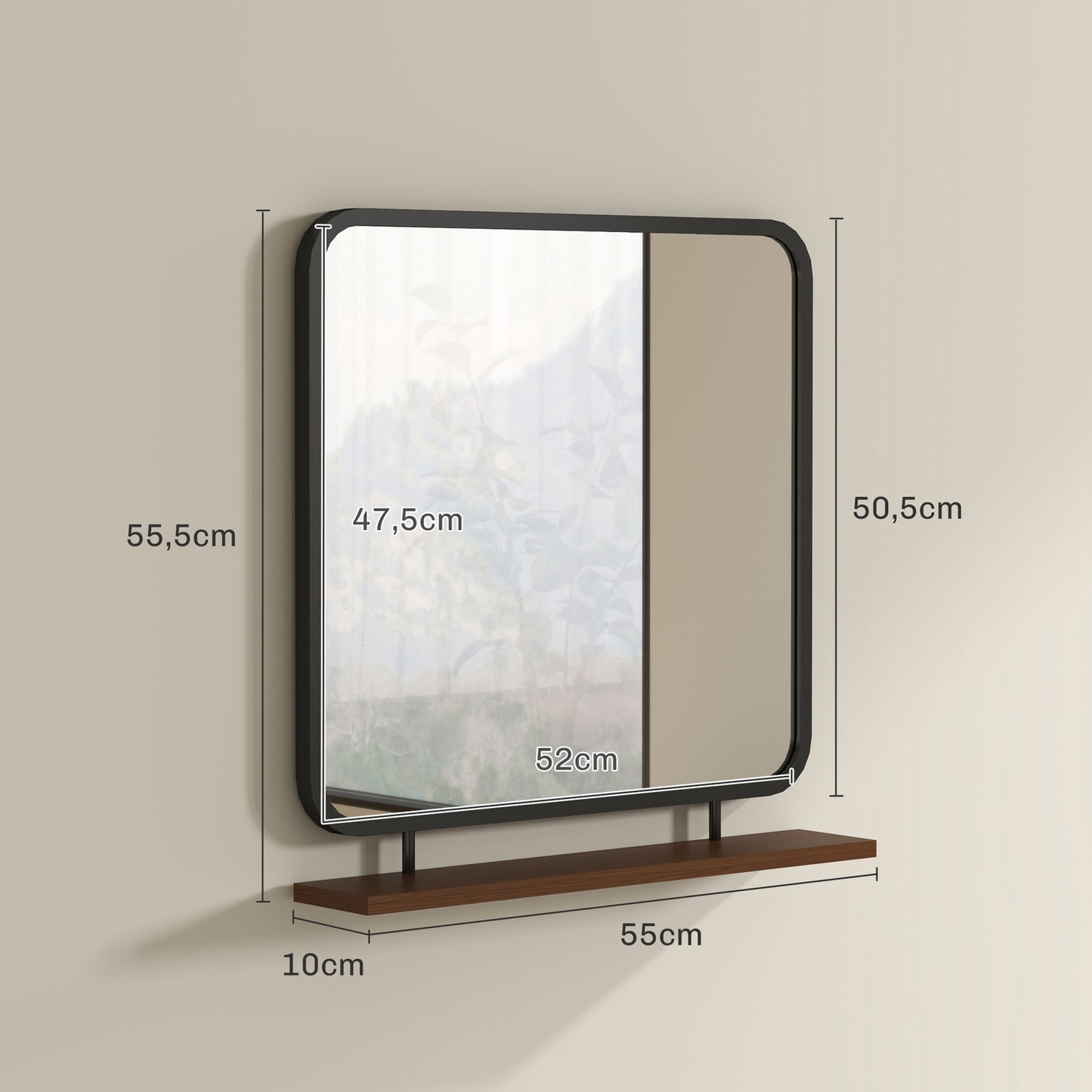 Black rectangular wall mirror with shelf - 55 x 55.5 cm