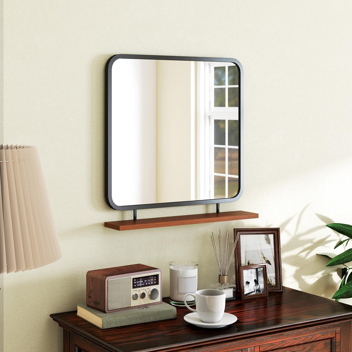 Black rectangular wall mirror with shelf - 55 x 55.5 cm