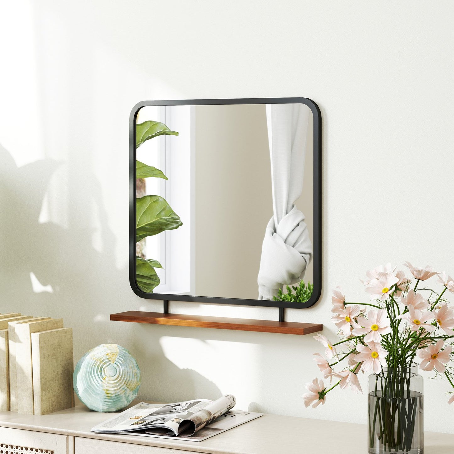 Black rectangular wall mirror with shelf - 55 x 55.5 cm