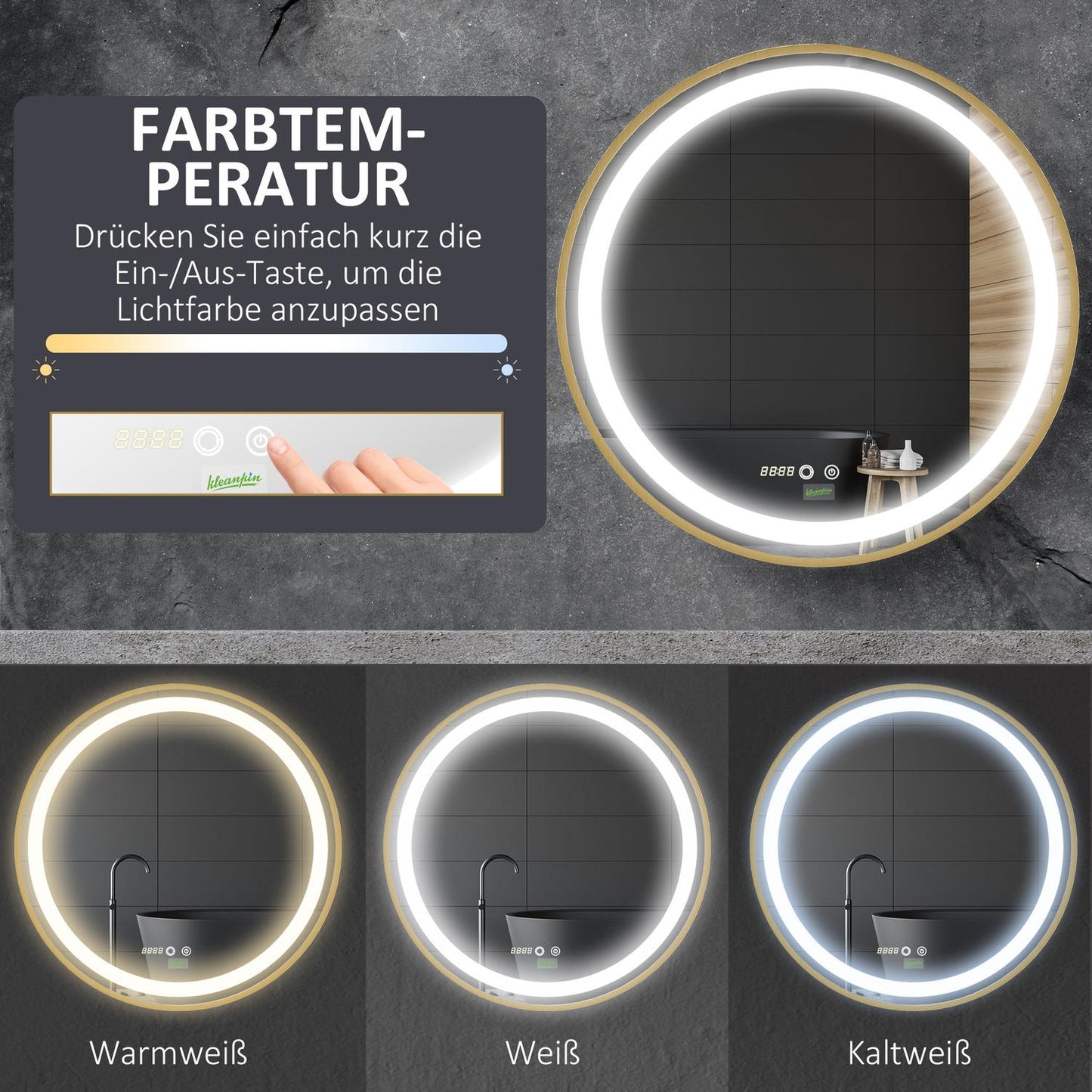 LED Bathroom Mirror - Dimmable, Memory, Time Display, 60x60cm