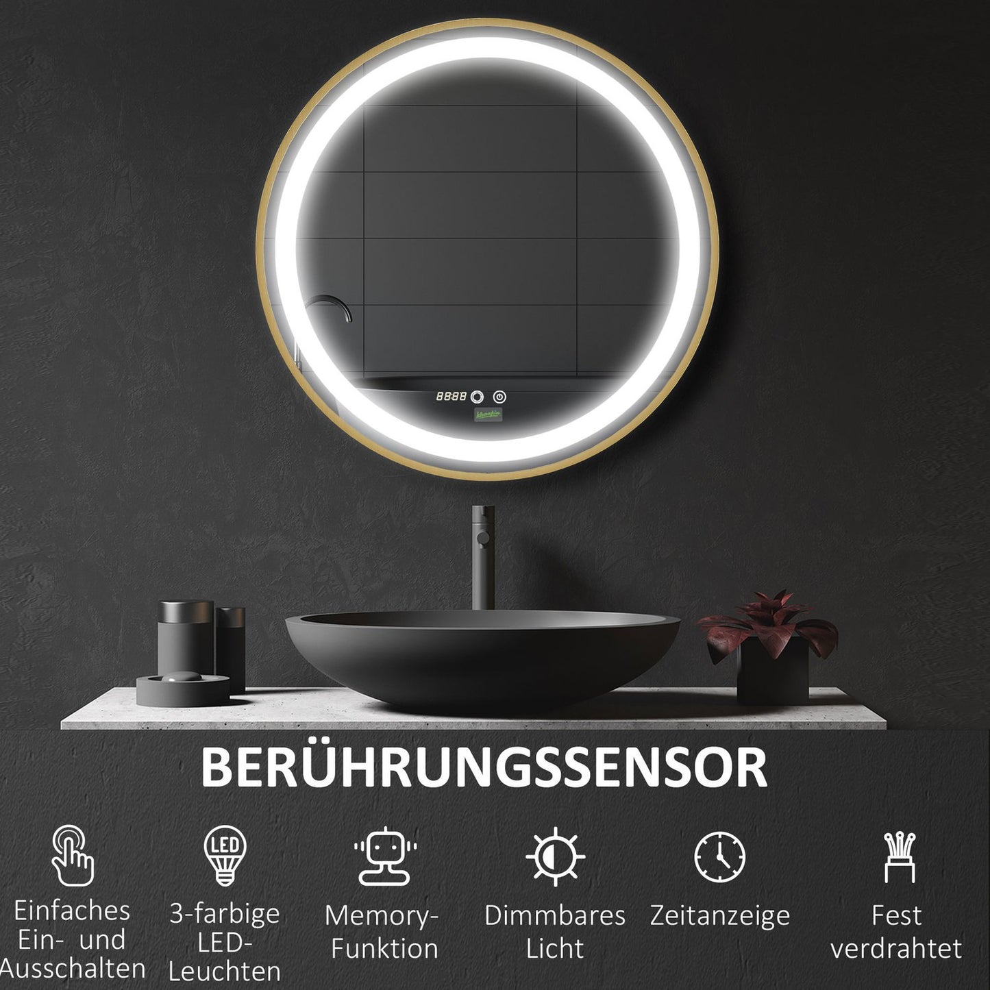 LED Bathroom Mirror - Dimmable, Memory, Time Display, 60x60cm