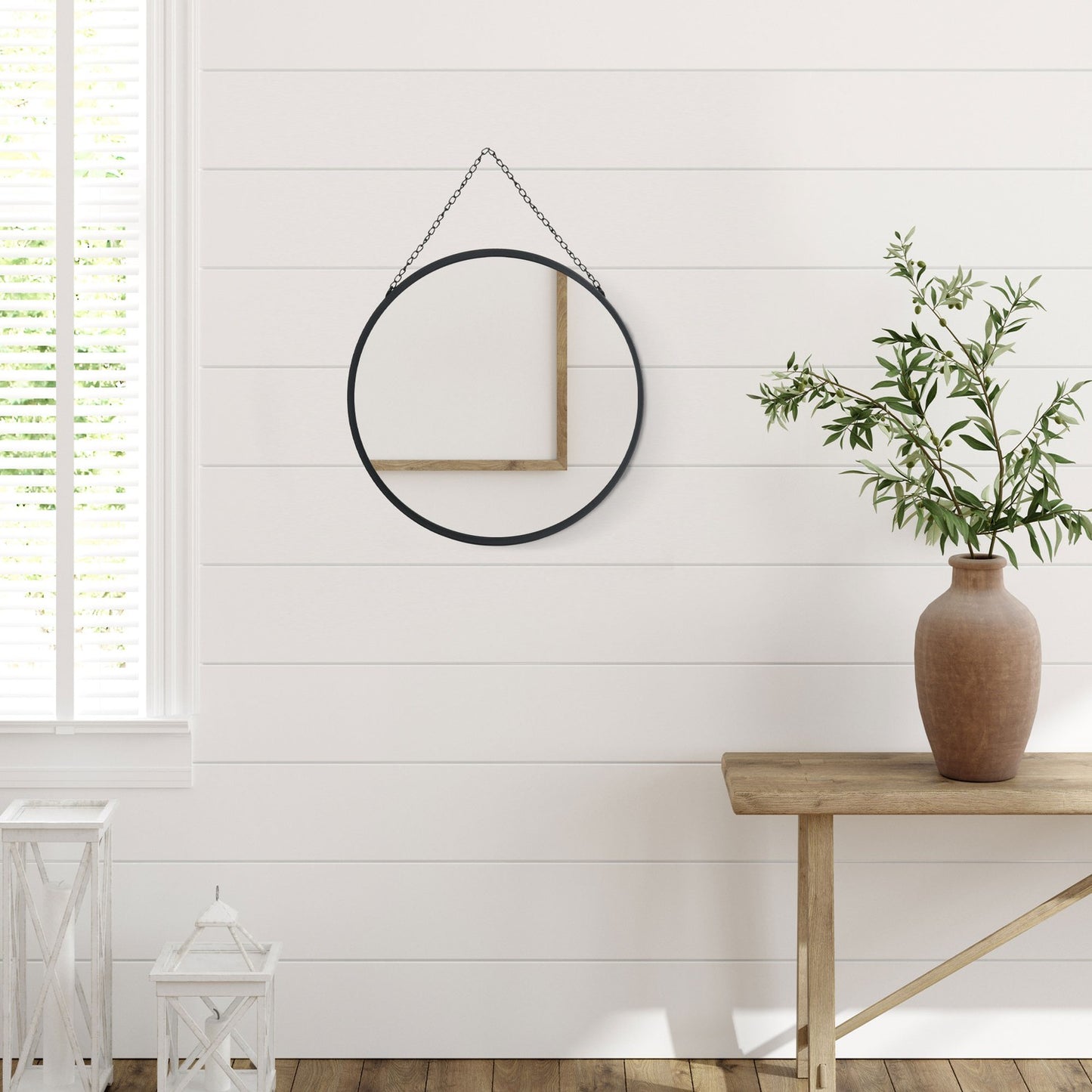 Round wall mirror, makeup mirror, 50 Cm, black metal frame