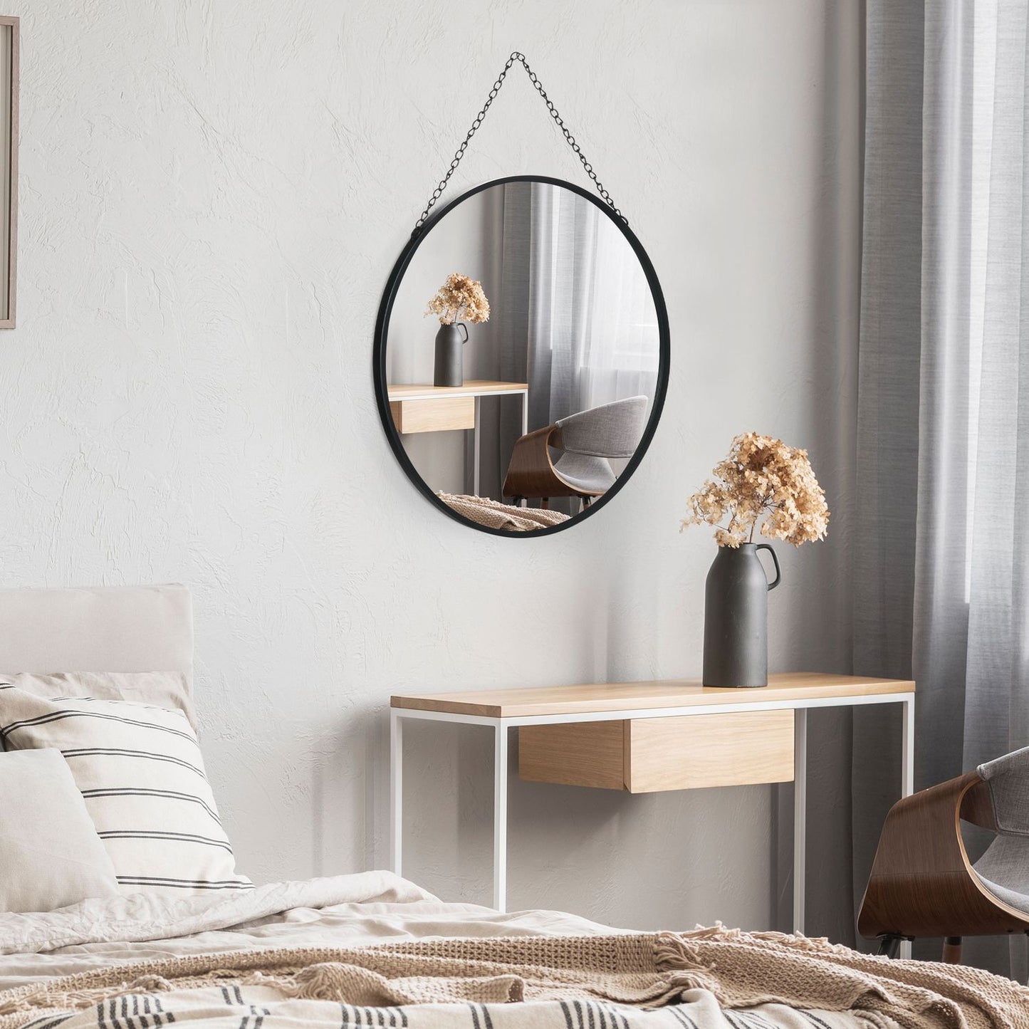 Round wall mirror, makeup mirror, 50 Cm, black metal frame