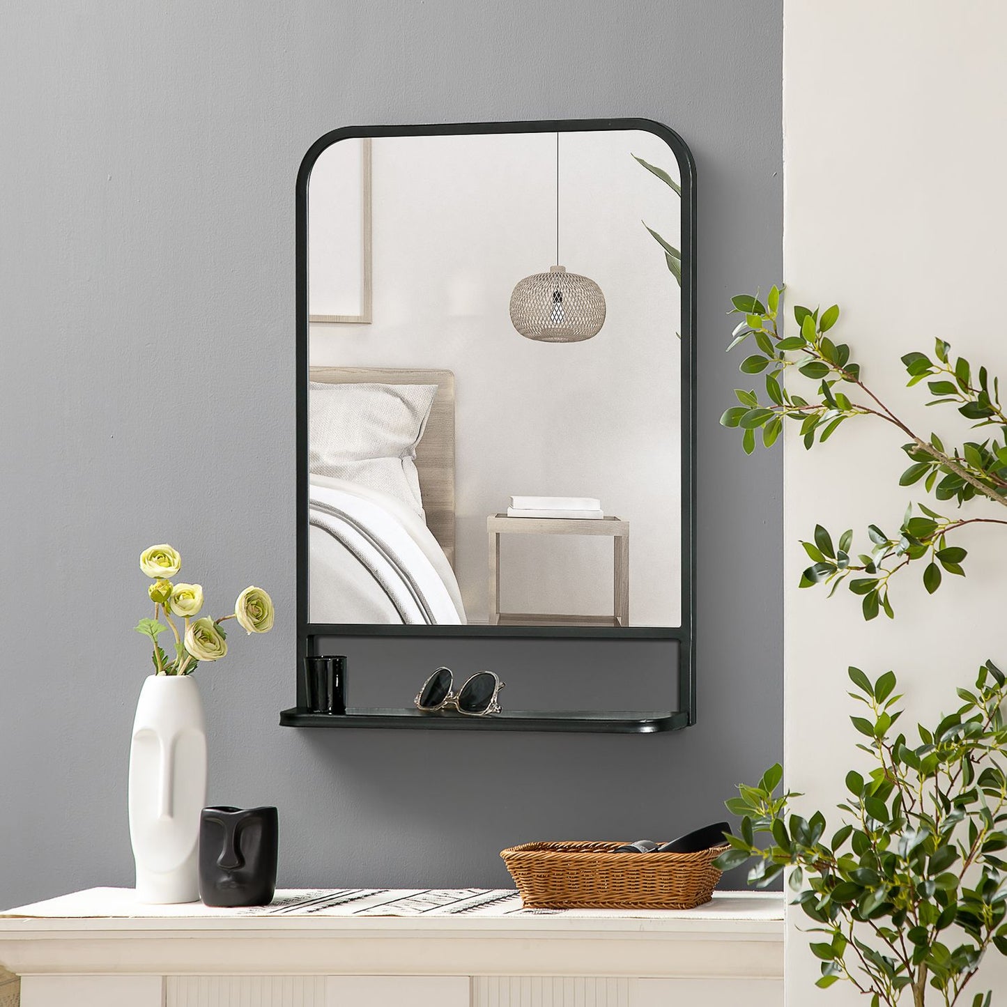 Wall mirror with shelf - 70x50cm, rectangular, black
