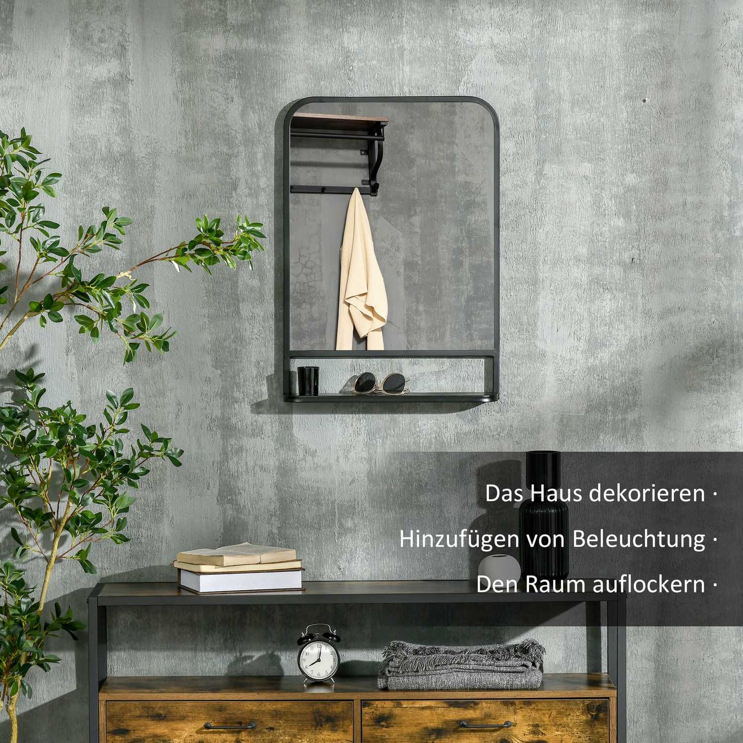 Wall mirror with shelf - 70x50cm, rectangular, black