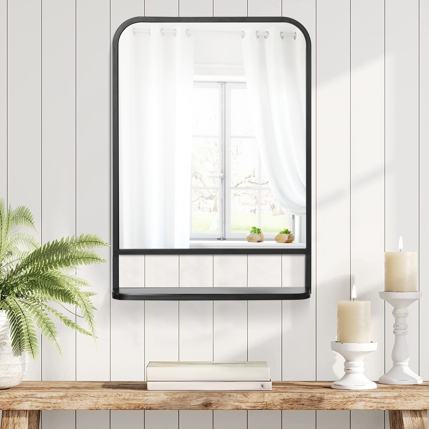 Wall mirror with shelf - 70x50cm, rectangular, black