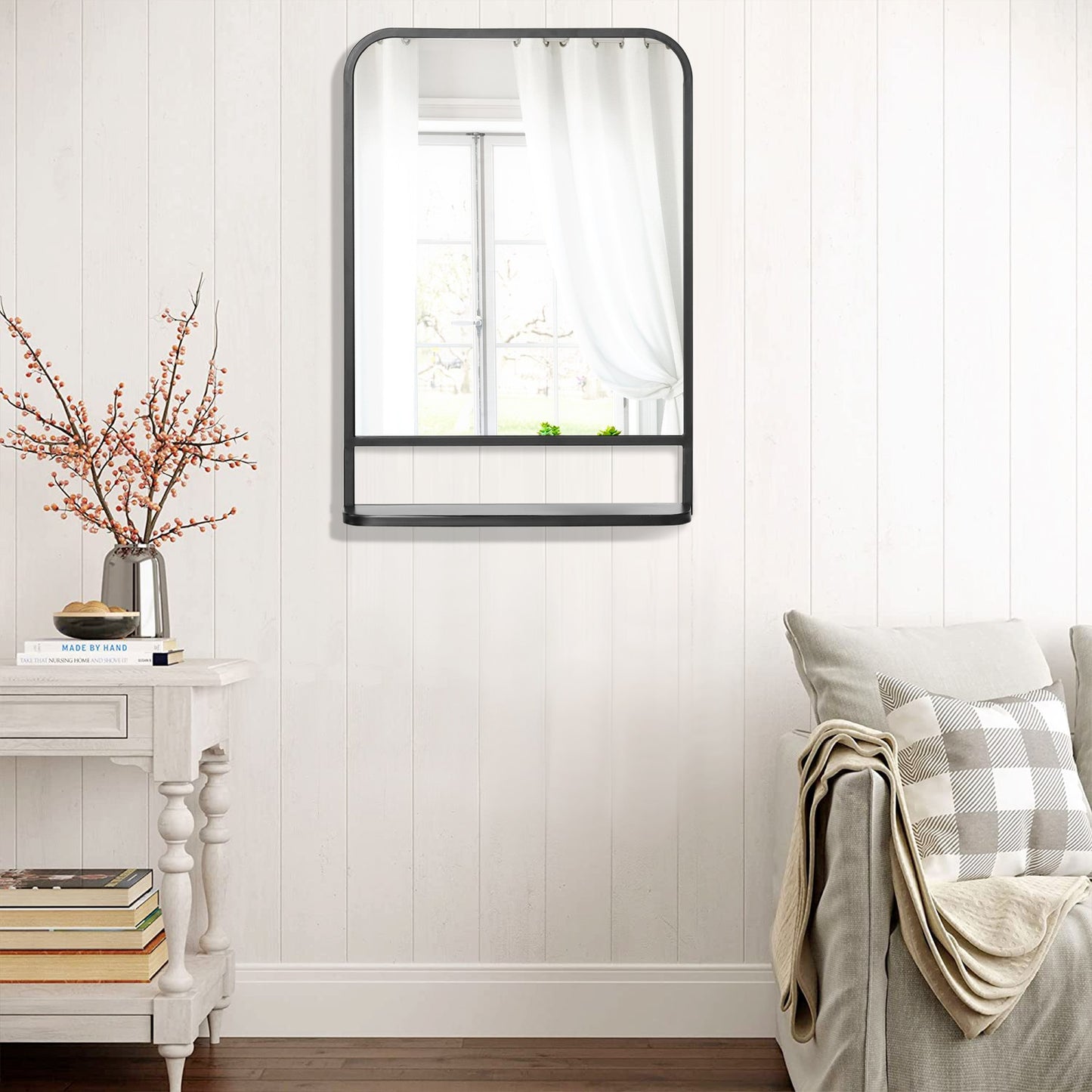 Wall mirror with shelf - 70x50cm, rectangular, black