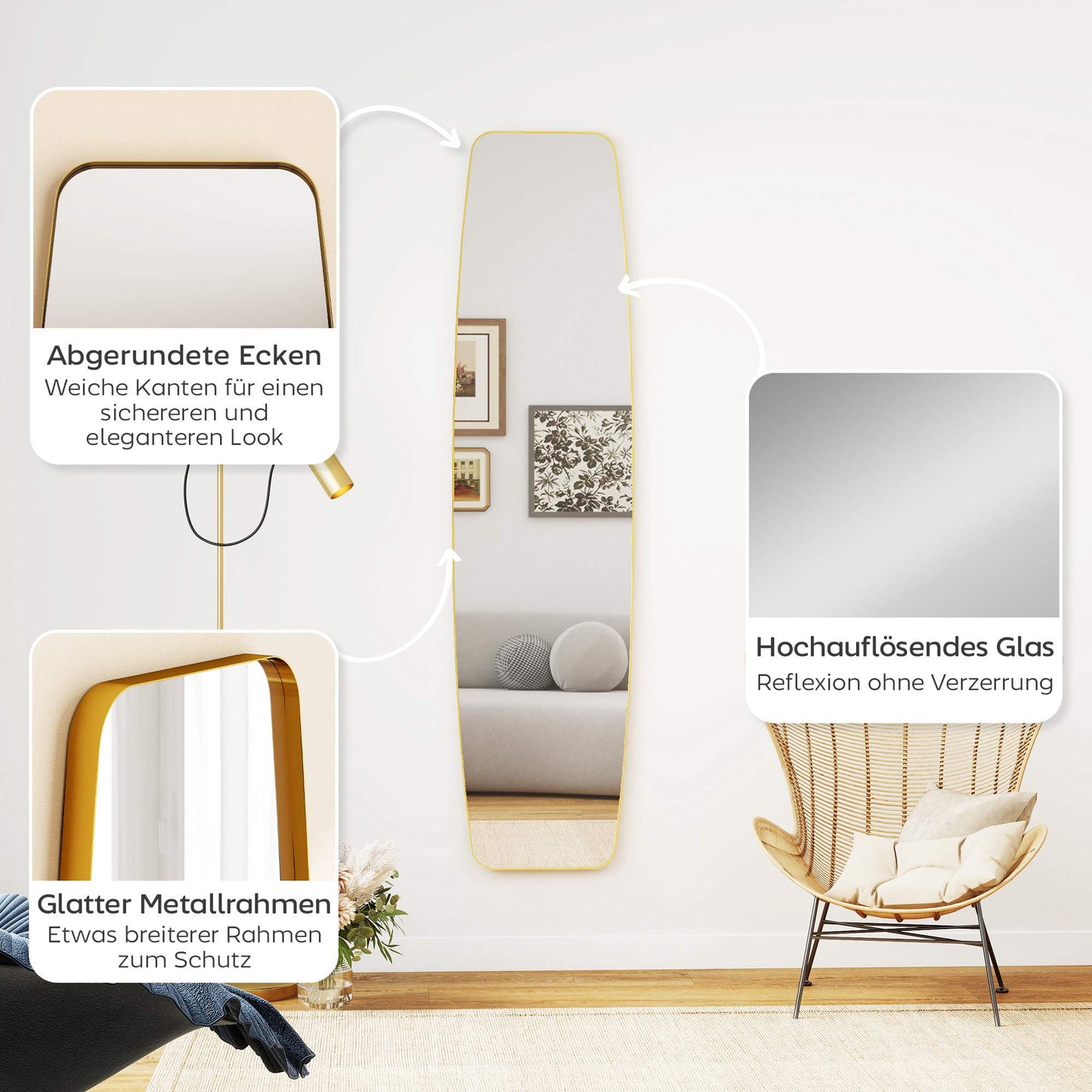 Wall Mirror with Gold Metal Frame, 160 x 40 cm