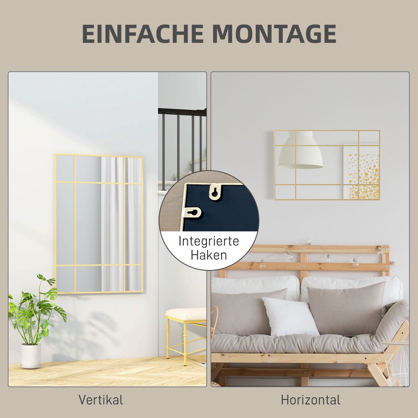 Wall Mirror with Gold Metal Frame, 90x60 cm
