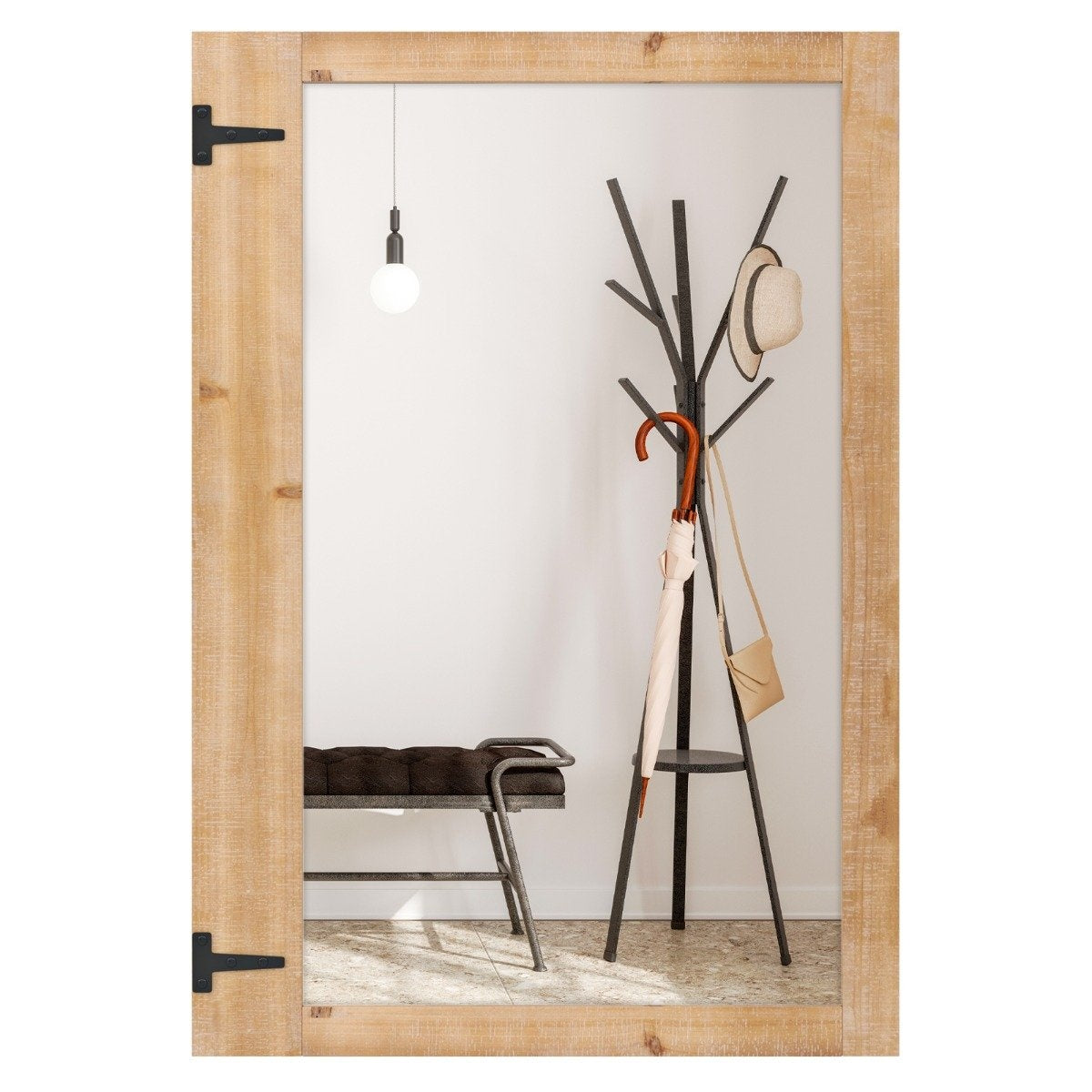 Wall Mirror with Solid Wood Frame & Metal Hooks, 87.5x51 cm