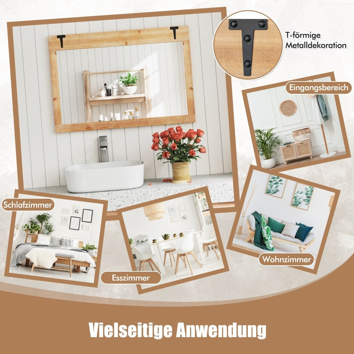 Wall Mirror with Solid Wood Frame & Metal Hooks, 87.5x51 cm