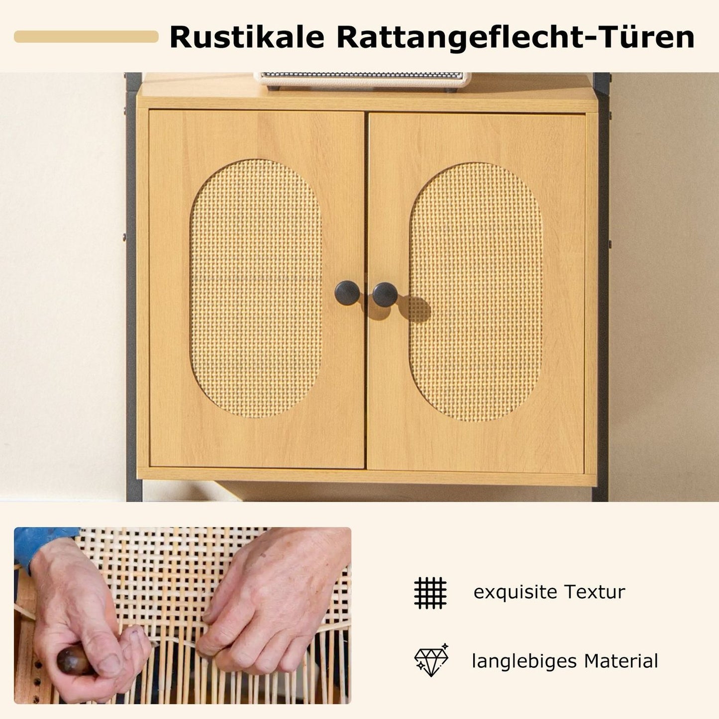 Wall-Mounted 3-Tier Bookshelf with Rattan Cabinet, 184 cm