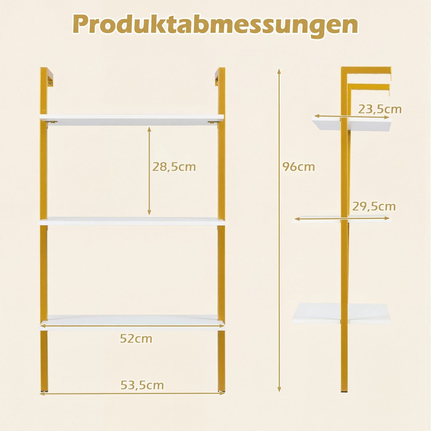 Wall-Mounted 3-Tier Shelf with Metal Frame, White